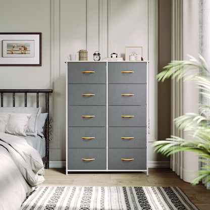 10 Drawer Dresser Chest of Storage Dresser Tall Fabric Dresser Storage Cabinet Bin Nightstand Cabinet, Gray