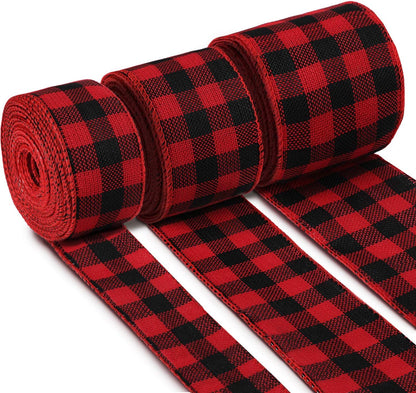 3 Rolls Buffalo Plaid Burlap Wired Ribbon Weave Ribbon with Wired Edge Bows Craft Decoration for Big Bow Wreath Tree Decoration Outdoor (Black and Red Plaid,1.34, 2.4, 1.77 Inches)