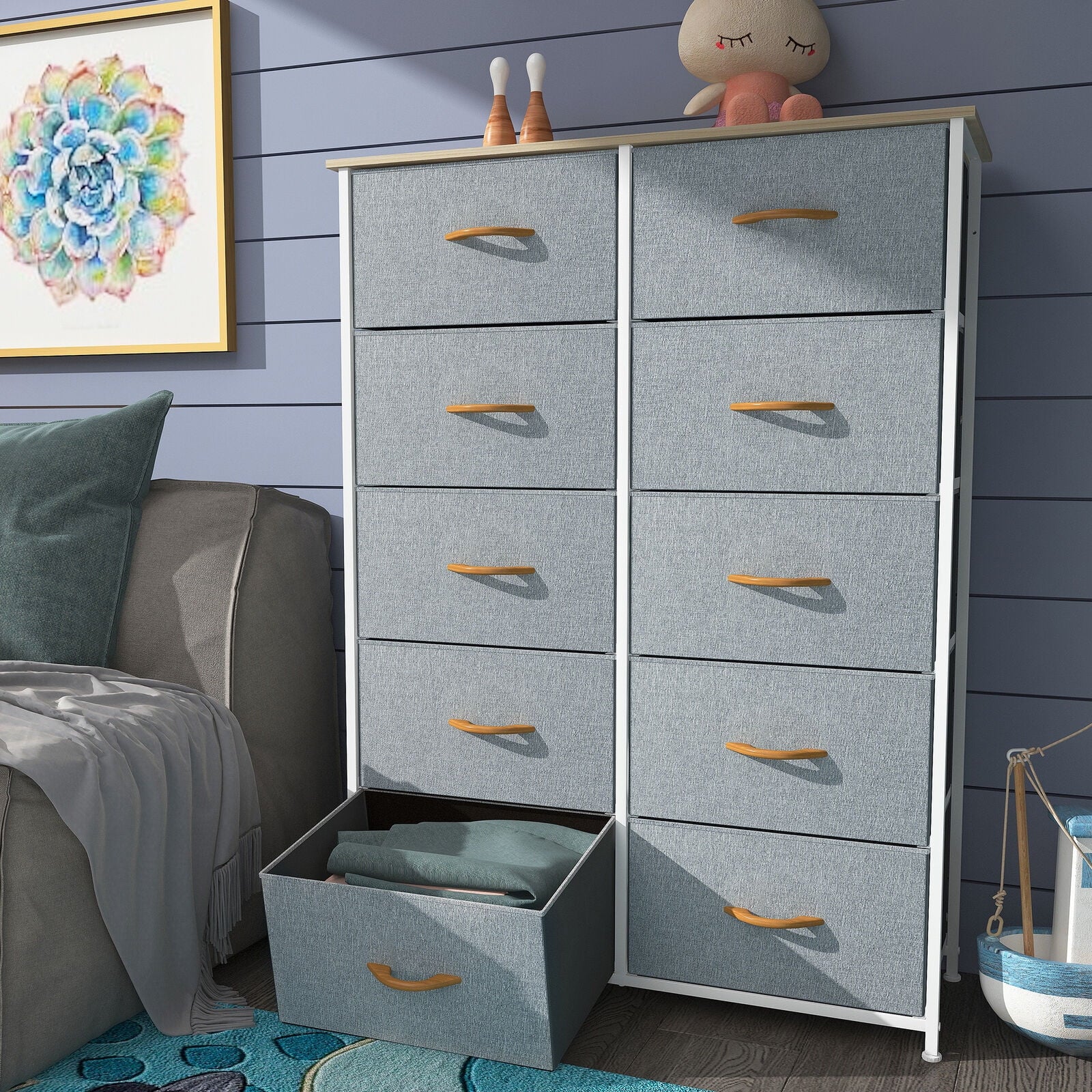 10 Drawer Dresser Chest of Storage Dresser Tall Fabric Dresser Storage Cabinet Bin Nightstand Cabinet, Gray