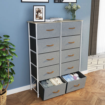 10 Drawer Dresser Chest of Storage Dresser Tall Fabric Dresser Storage Cabinet Bin Nightstand Cabinet, Gray