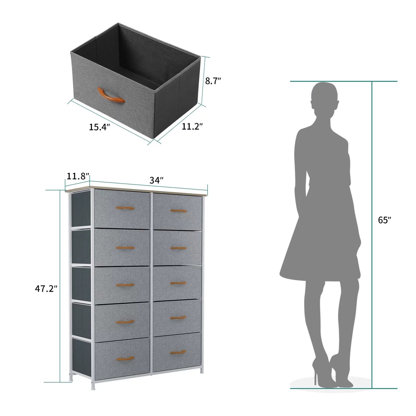 10 Drawer Dresser Chest of Storage Dresser Tall Fabric Dresser Storage Cabinet Bin Nightstand Cabinet, Gray